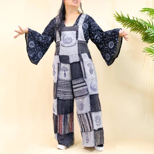 Bohemian Patchwork Wide Leg Jumpsuit with Pocket for wholesale by Karma Nepal Crafts