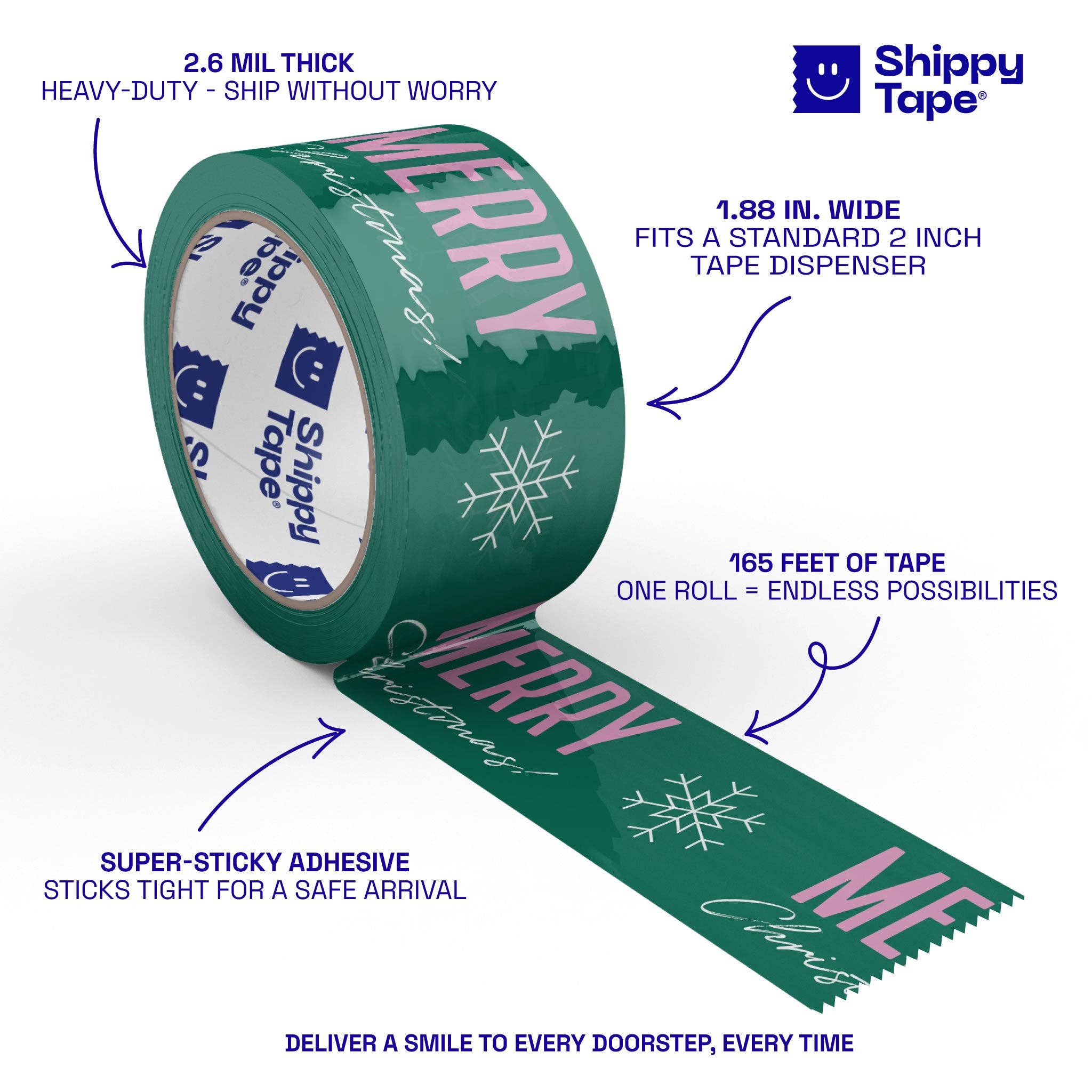 Shippy Tape - Wholesale Tape - Merry Christmas Shipping Tape - Green/Pink Snowflake (55-Yard Roll)3