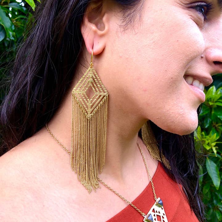 Brass Sacred Web Earrings / Long Gold Fringe Earrings for wholesale by JAYA MOKSHA