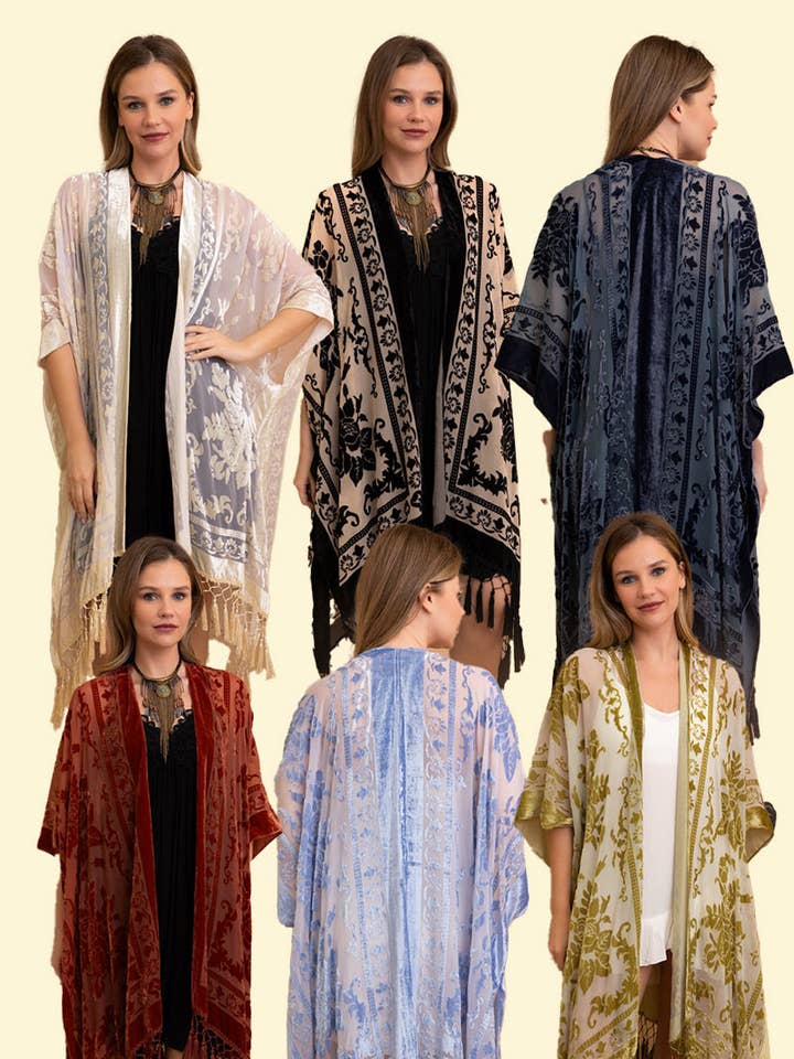 Leto Accessories - Wholesale Kimono - Women's - Bestselling Velvet Mesh Tapestry Tassel Kimono 💎