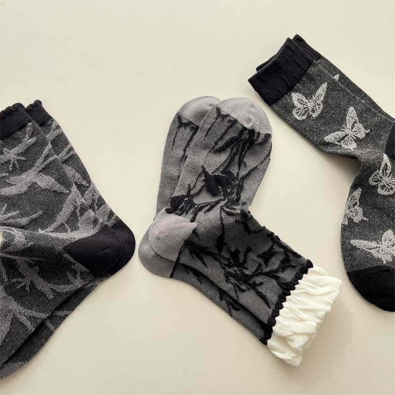 Tourtiwi – wholesale Socks – Women's – Artful Grey Crew Socks - Bird, Butterfly & Botanical Motifs8