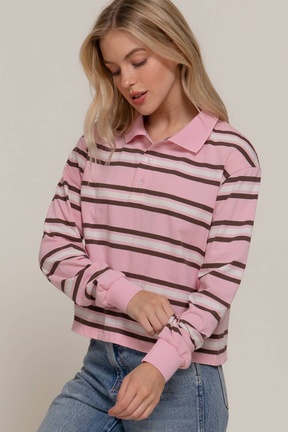 Active Basic | Active USA - Wholesale Polo - Women's - Long Sleeve Multi Stripe Polo Top14