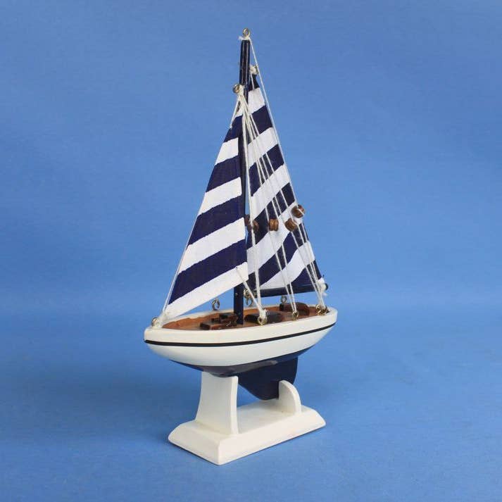 Hampton Nautical - Wholesale Decorative Tabletop Object - Blue Striped Pacific Sailer Model Sailboat Decoration 9"