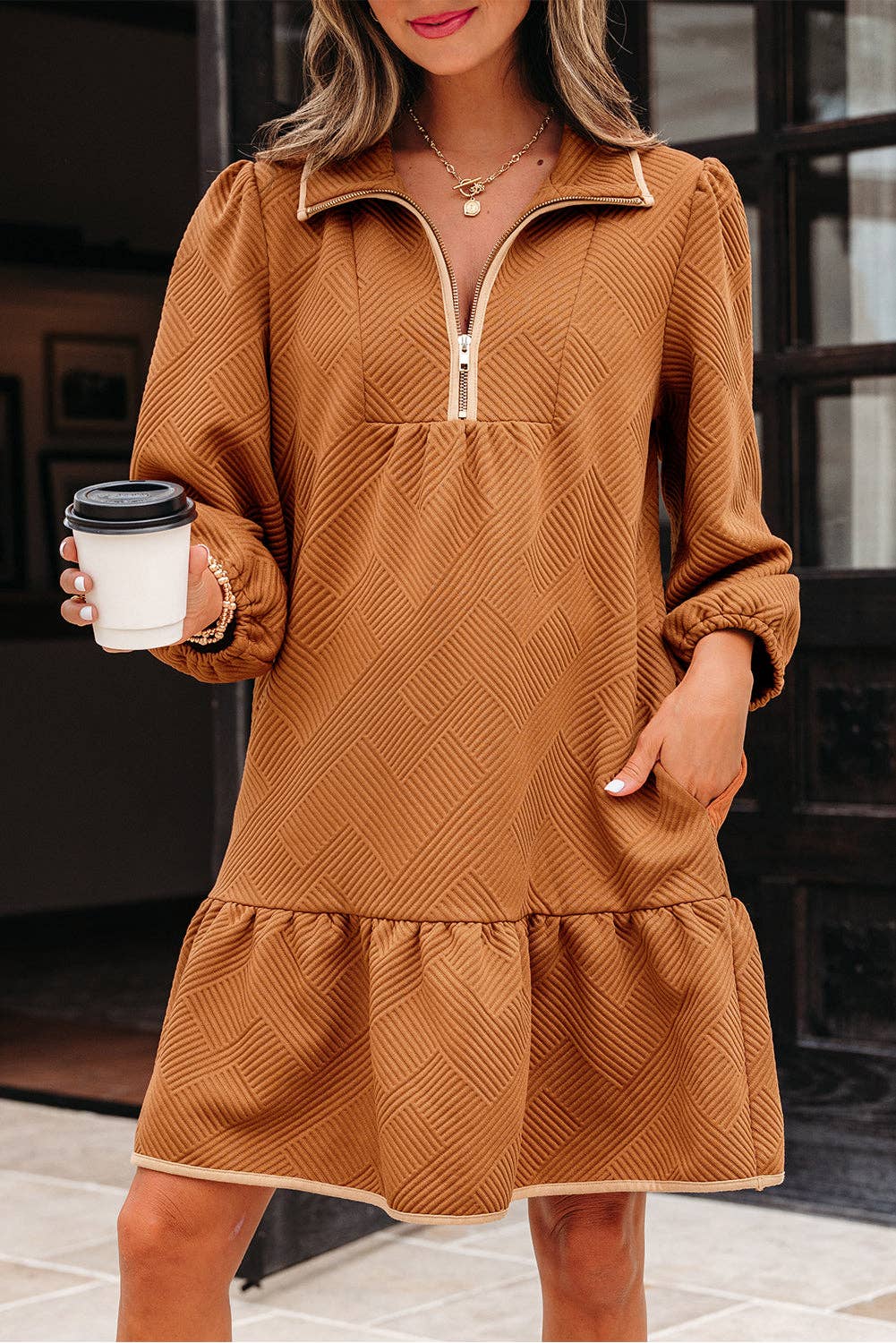 Desert Gold Textured Quarter Zip Collar 3/4 Sleeve Mini Dress for wholesale on Faire0