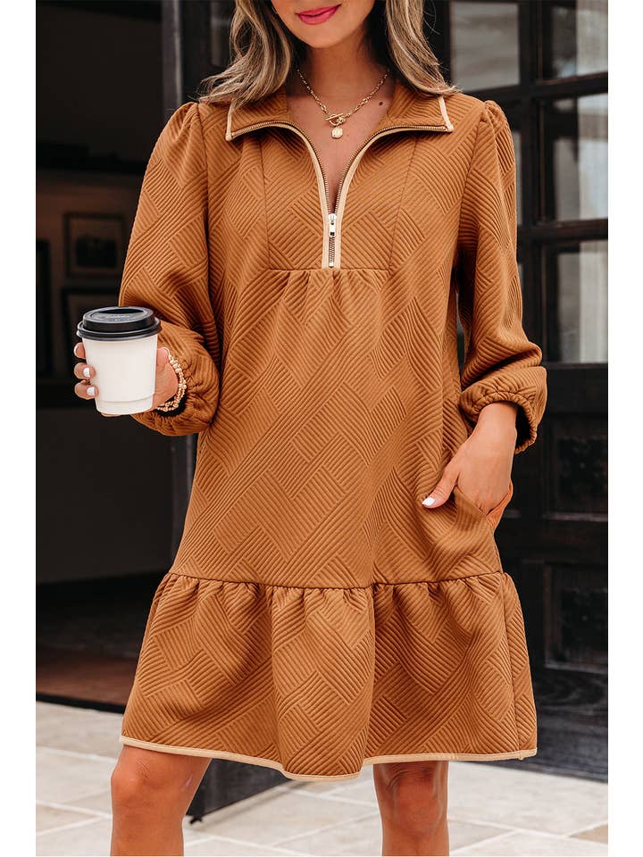 Desert Gold Textured Quarter Zip Collar 3/4 Sleeve Mini Dress for wholesale on Faire