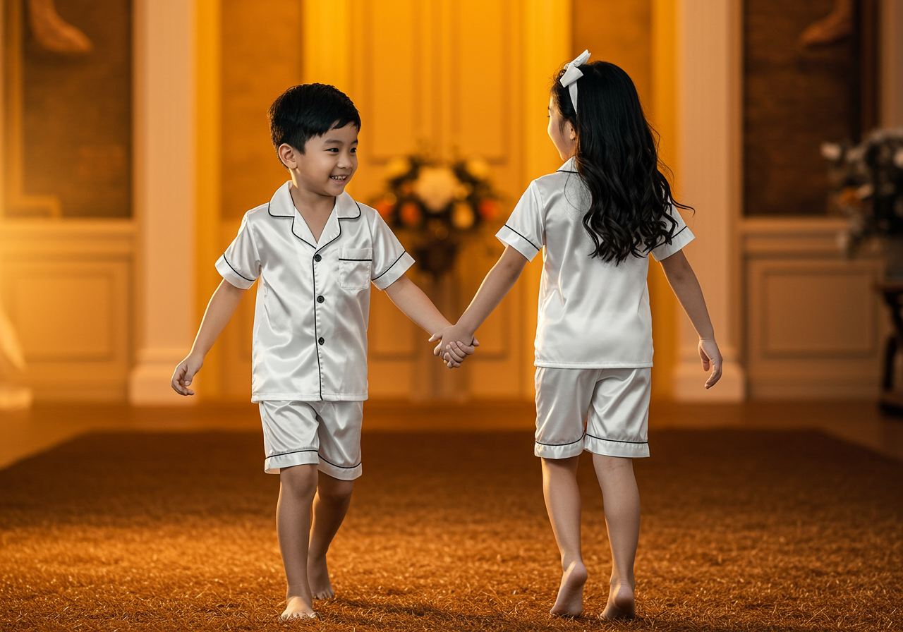 The Blissful – Großhandel Schlafanzug-Set – Kinder – Luxuriöses Satin-Blumen-Kinderpyjama-Set2