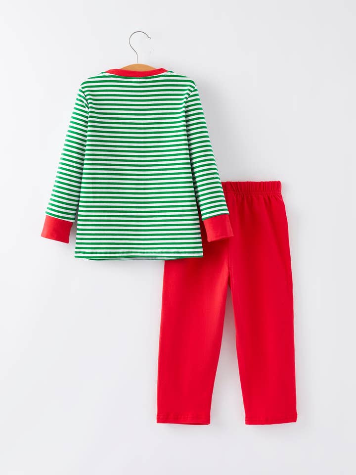 Rylee Faith Designs - Wholesale Top & Pant Set - Kids - Christmas Santa Applique Striped Boys Outfit Set
