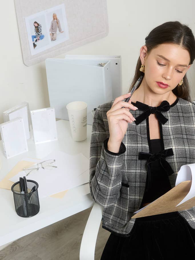 CHARCOAL PLAID VELVET FRONT BOW TIE DETAIL BLAZER for wholesale on Faire4