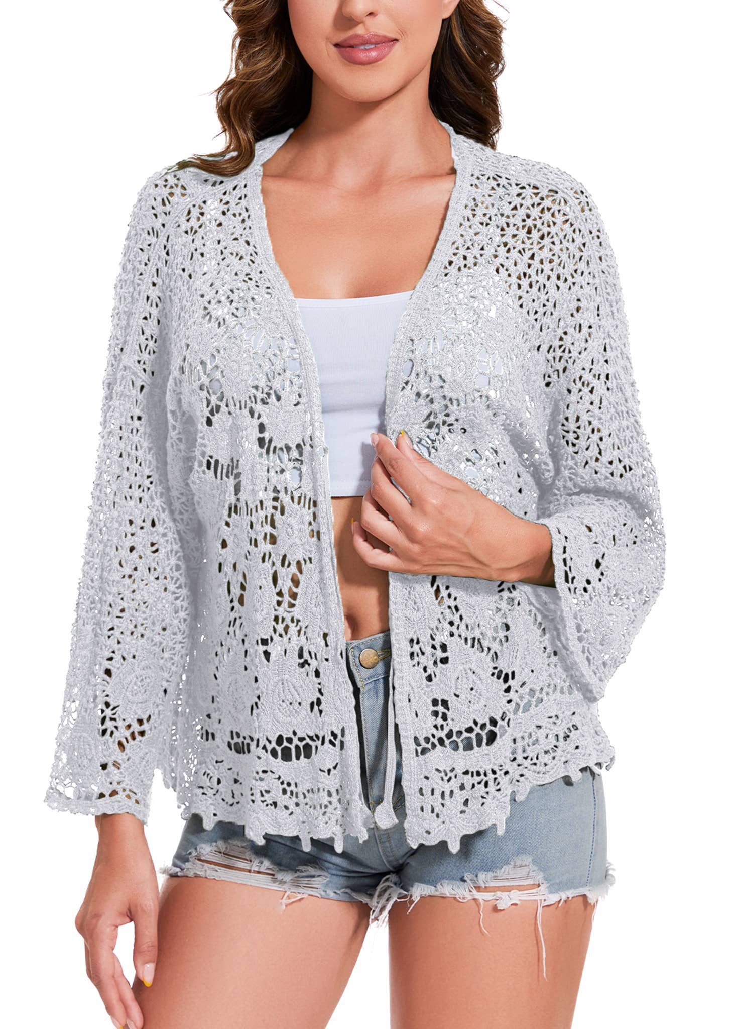 Anna Kaci Wholesale - Wholesale Kimono - Women's - Womens Short Embroidered Lace Kimono Crop Cardigan Half24