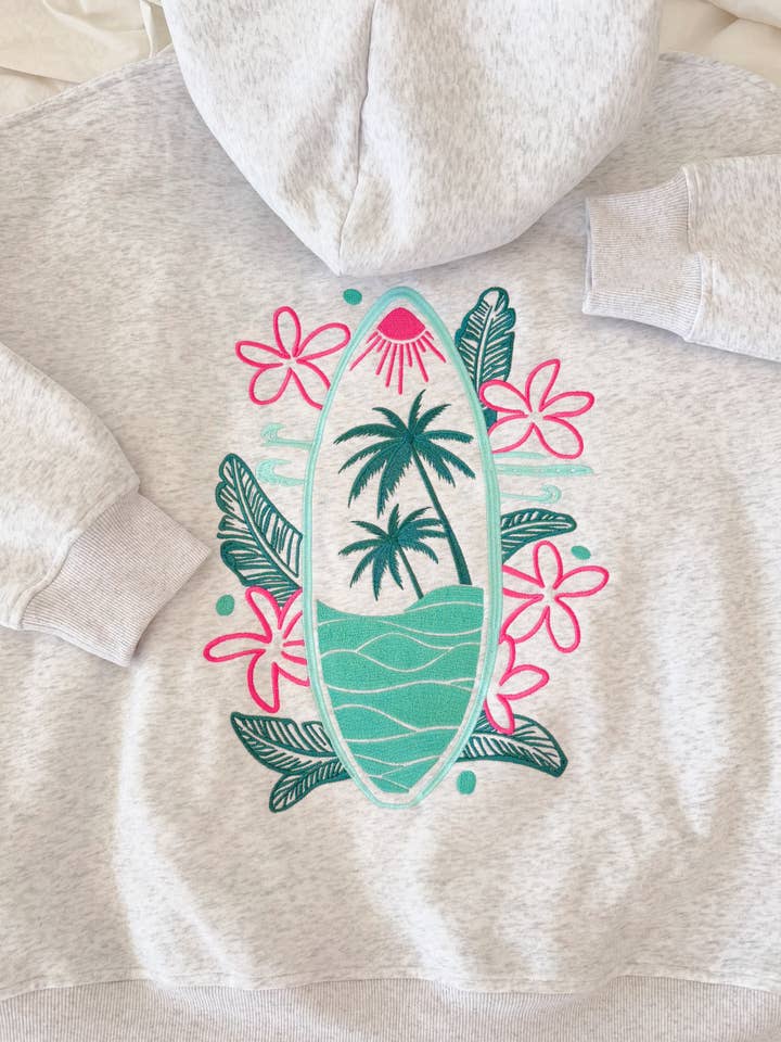 Pearl Grey Surfing The Waves Embroider Hoodie for wholesale on Faire6