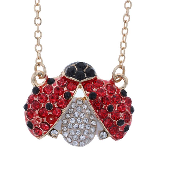 Pendentif en forme de coccinelle à ailes ouvertes doré avec cristaux rouge/blanc/noir pour la vente par Luxe on Main LLC