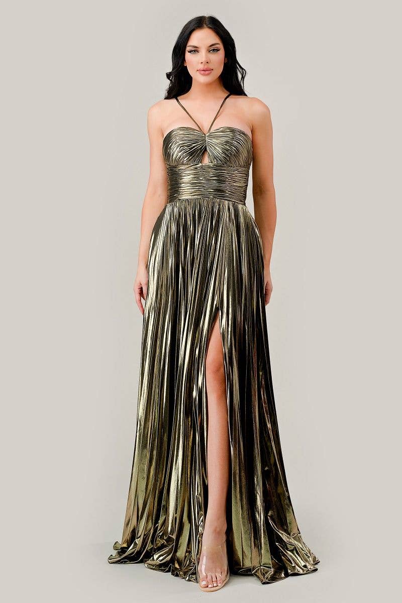 Tux-USA® - Wholesale Gown - Women's - Halter Pleated Lame' Metallic A-Line Gown1
