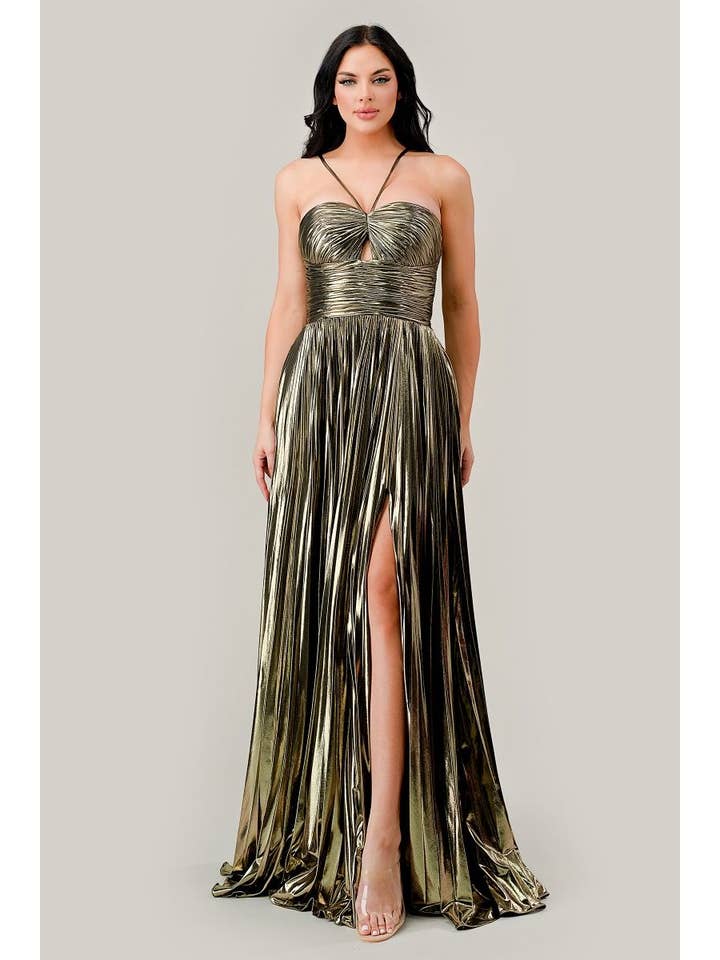 Tux-USA® - Wholesale Gown - Women's - Halter Pleated Lame' Metallic A-Line Gown1