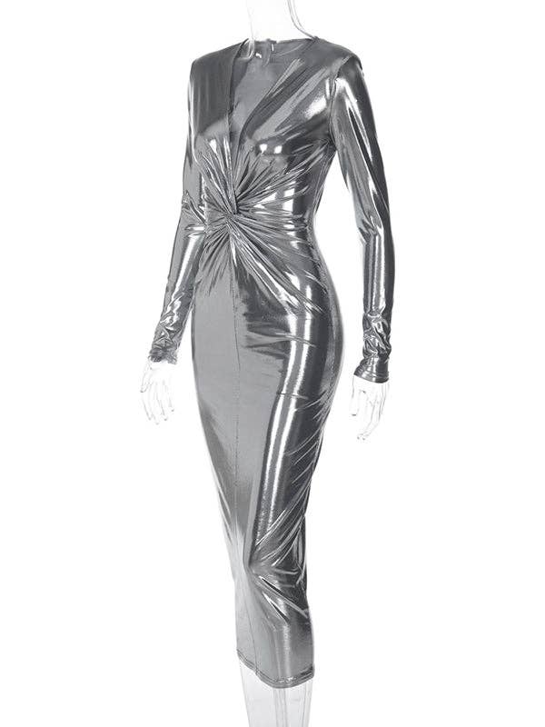 VividLux - Wholesale Dress - Women's - Bodycon High Waisted Knot Shiny Solid Color Deep V-Neck Midi Dresses10