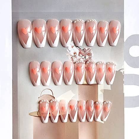Clear Press On Nails White French Glossy Coffin Heart Nail Kit for wholesale on Faire1