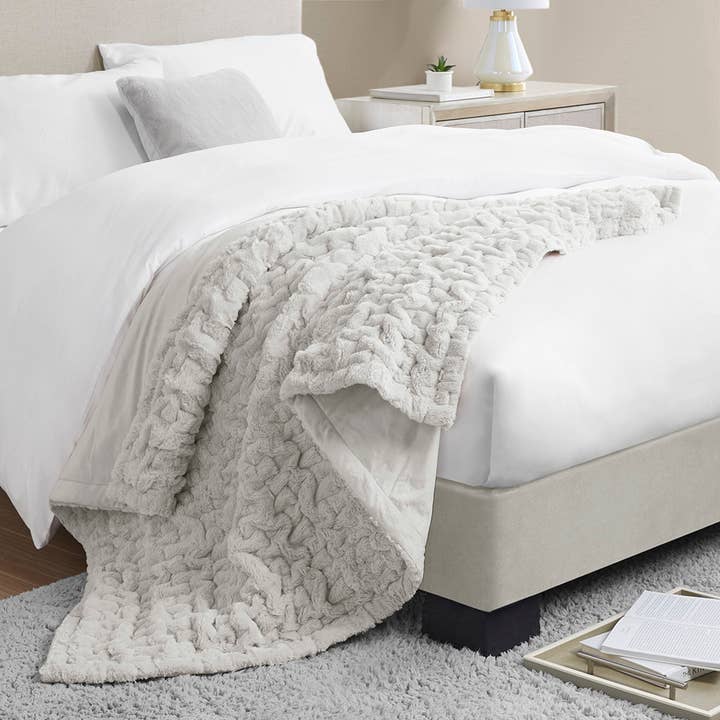 Olliix - Wholesale Throw Blanket - Soft Warm Ruched Faux Fur Throw Blanket 50x60", Silver Grey