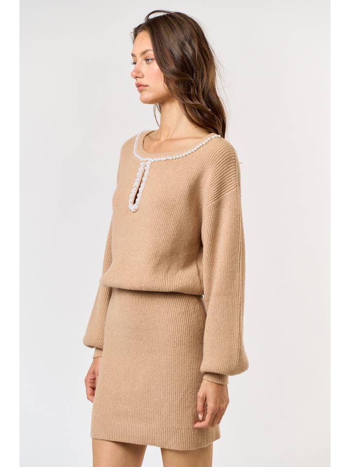 TAUPE ILD4191Â PEARL DETAIL BALLOON SLEEVE SWEATER MINI DRESS for wholesale on Faire