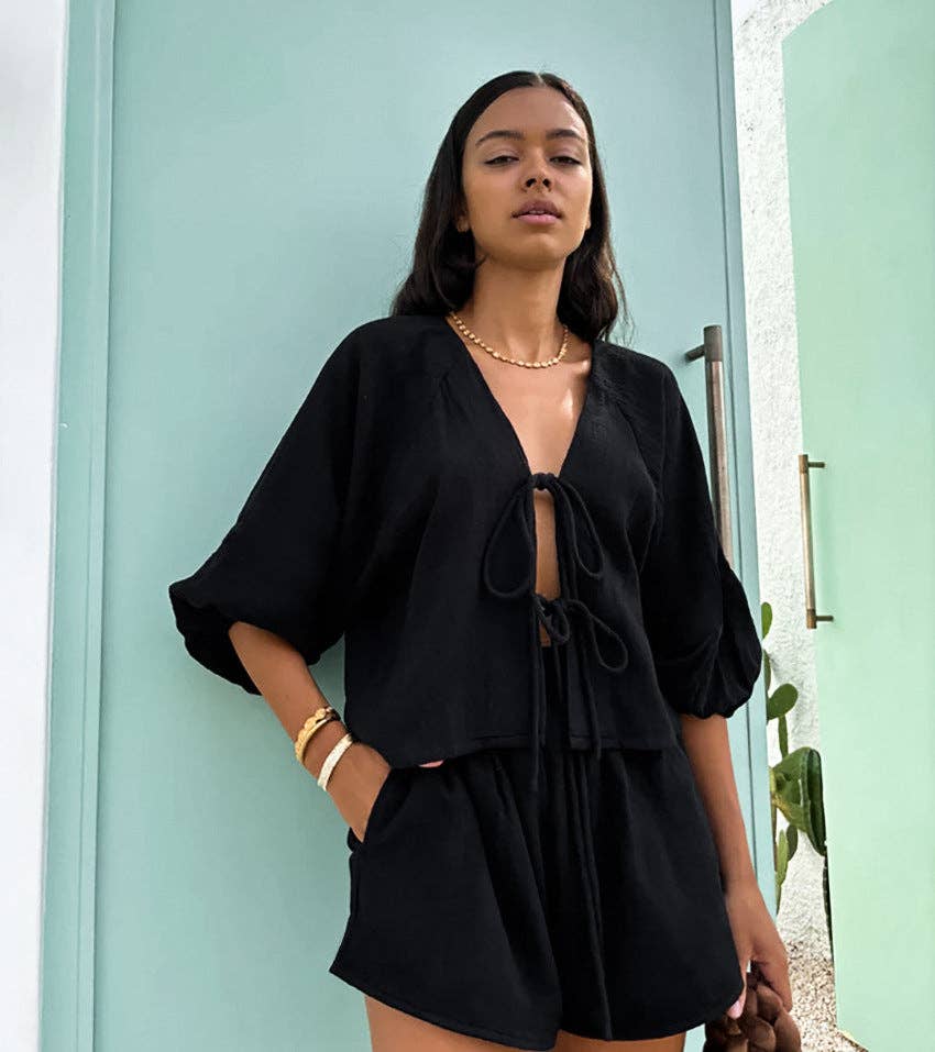 Marayn – wholesale Top & short set (NOT loungewear) – Women’s – French Autumn Chic Bubble Sleeve Top  Shorts Set14