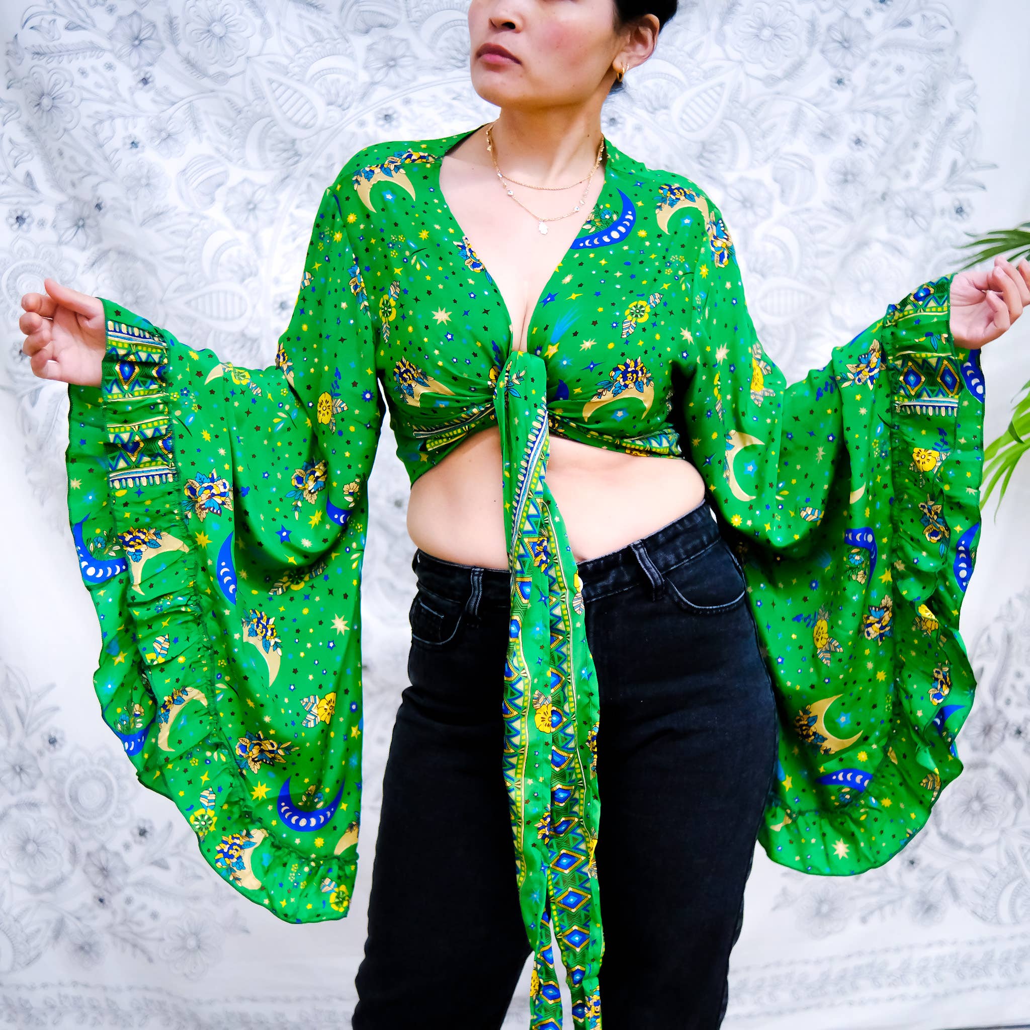 Karma Nepal Crafts - Wholesale Blouse - Women's - Bohemian Celestial Style Bell Sleeve Wrap Top with Ruffle0