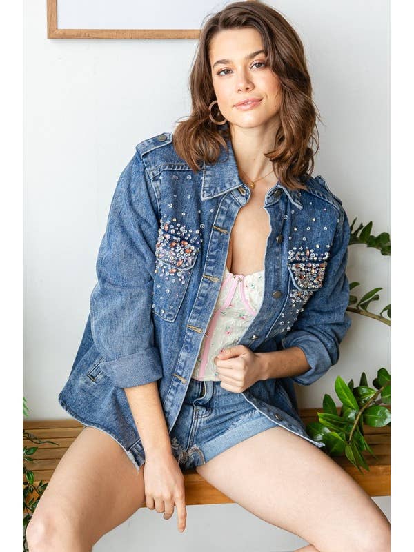 Color Rhinestone Denim Shacket for wholesale by Pink Irene Wholesale