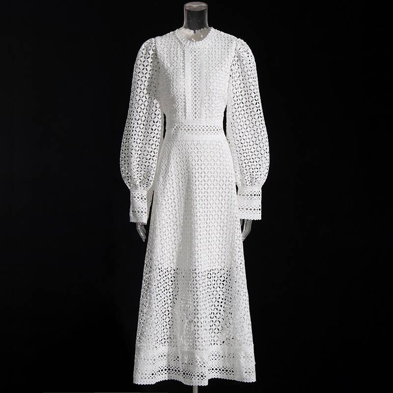 FurDecoration - Wholesale Dress - Women's - Hollow Embroidery Slim Long Sleeve Maxi Dress0