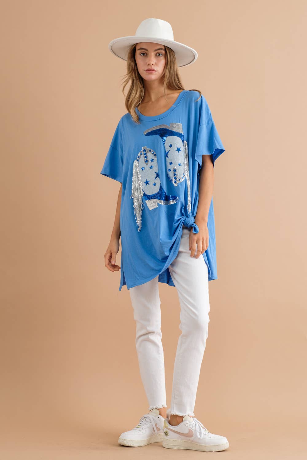 Blue B - Wholesale T-Shirt - Women's - 32487T - Cotton Sequin Western Boot Fringe Loose Side Tee11