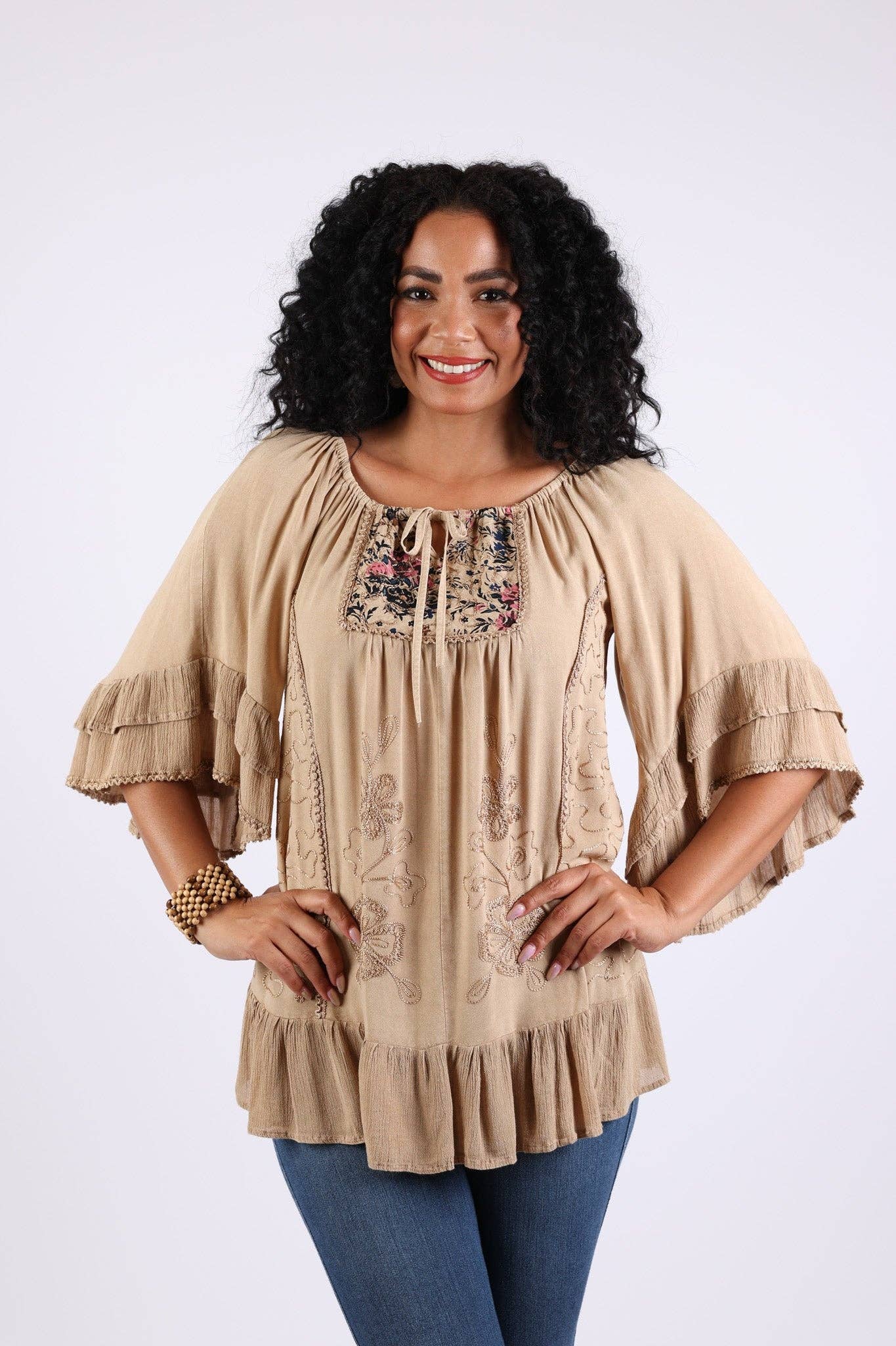 Sacred Threads - Wholesale Blouse - Women's - Embroidered Boho Peasant Blouse: Ruffle Bell Sleeves Top4