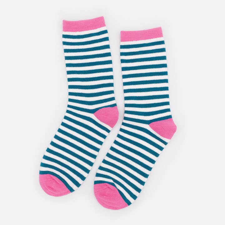 White & pink socks with teal stripes - SO253-026MM for wholesale by Bizou