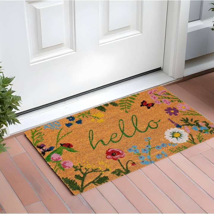 24"X36" Natural and Green Coir Floral Hello Outdoor Door Mat for wholesale by HomeRoots