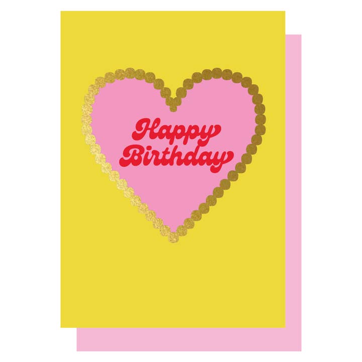 Happy Birthday yellow gold hot foil heart card for wholesale by Lucky Ink