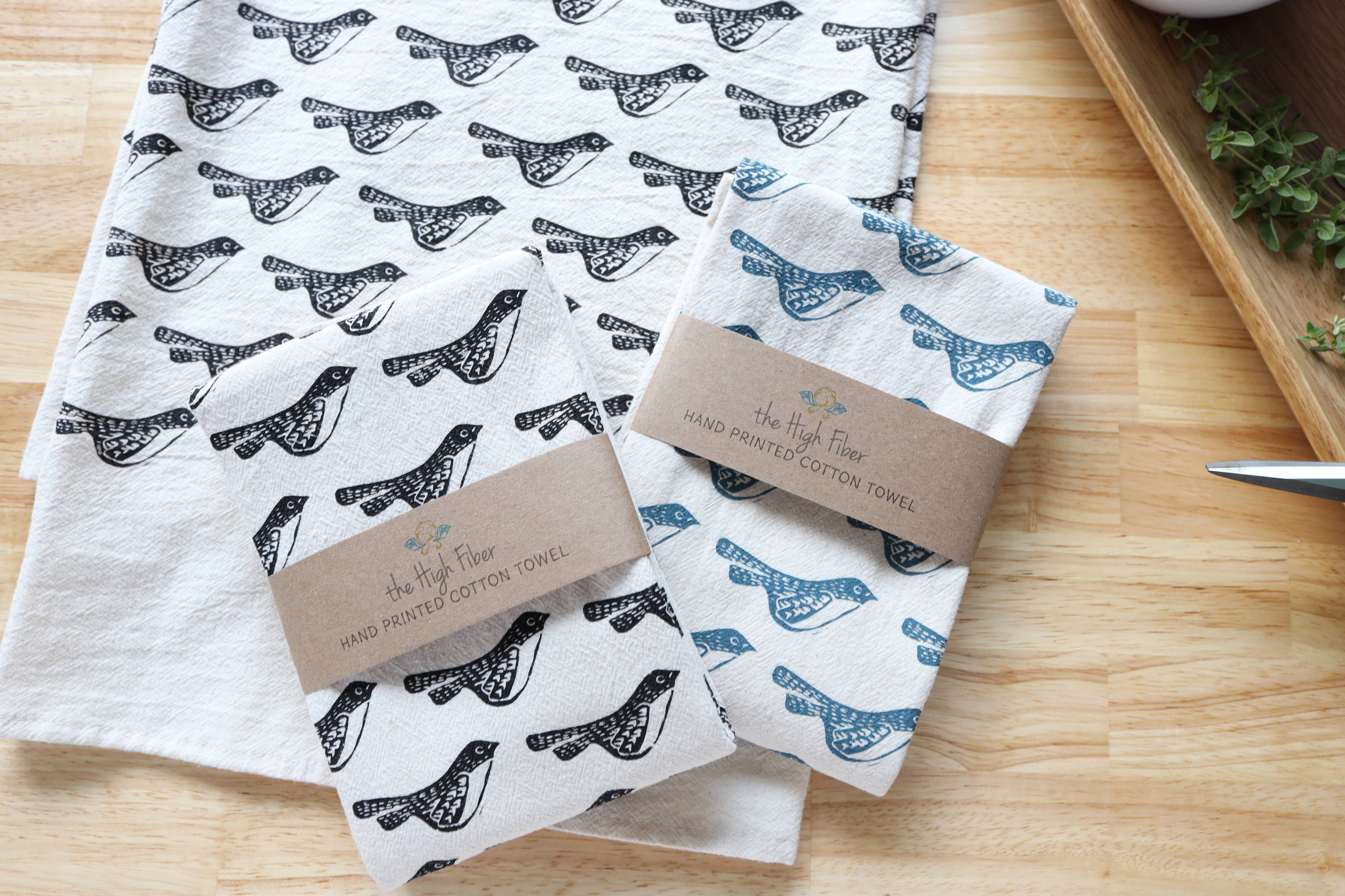 The High Fiber - Vente Torchons - Torchon de cuisine en coton naturel imprimé oiseaux, fait main8