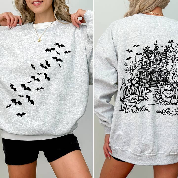 Haunted House, fram och bak, Halloween, Bats Sweatshirt för wholesale av Refinery Number One LLC