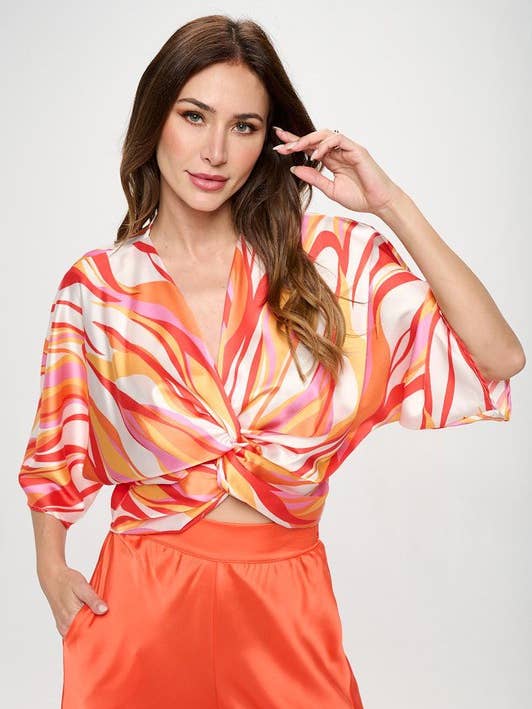 Multi Print Satin Mid Sleeve Top with Front Twist for wholesale by Renee C.