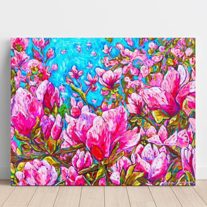Impression sur toile florale Magnolia Bloom - Peinture d'art rose pour la vente par Audra Style