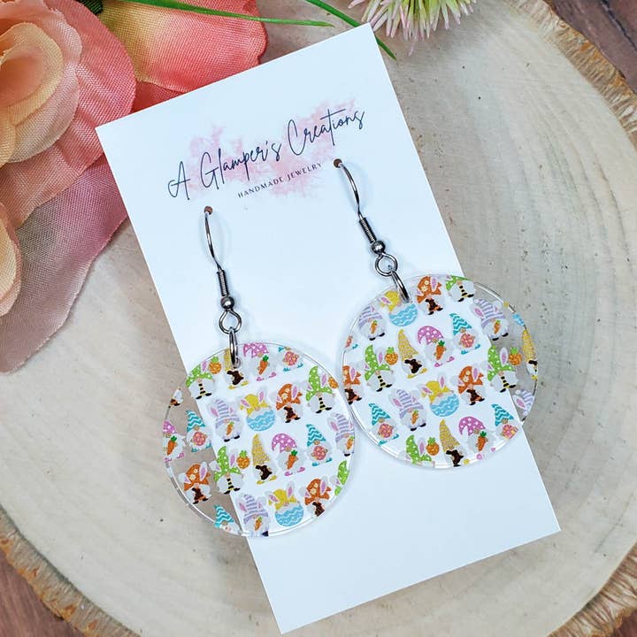 Easter Gnomes Circle Acrylic Earrings for wholesale by A Glamper's Creations LLC