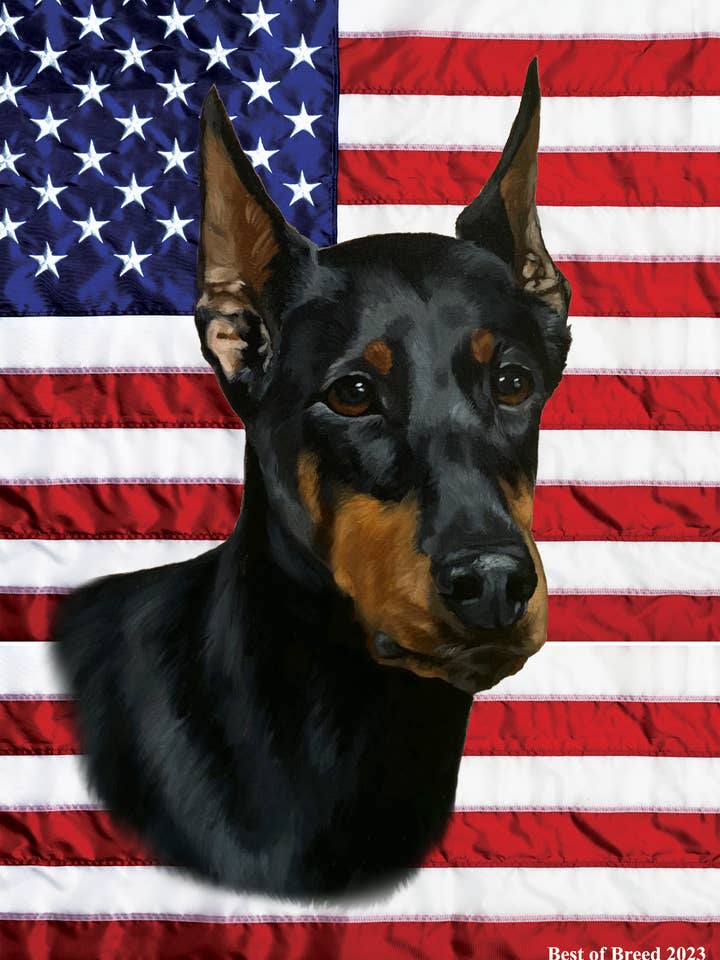 Doberman, bandiera da giardino Patriotic III, tagliata, colore: nero/marrone chiaro per la vendita all'ingrosso da parte di Best of Breed Products