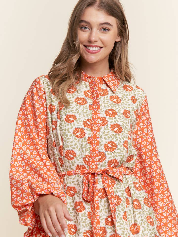 Orange Crush Multicolor Floral  Long Sleeve Button Down Dress for wholesale on Faire5