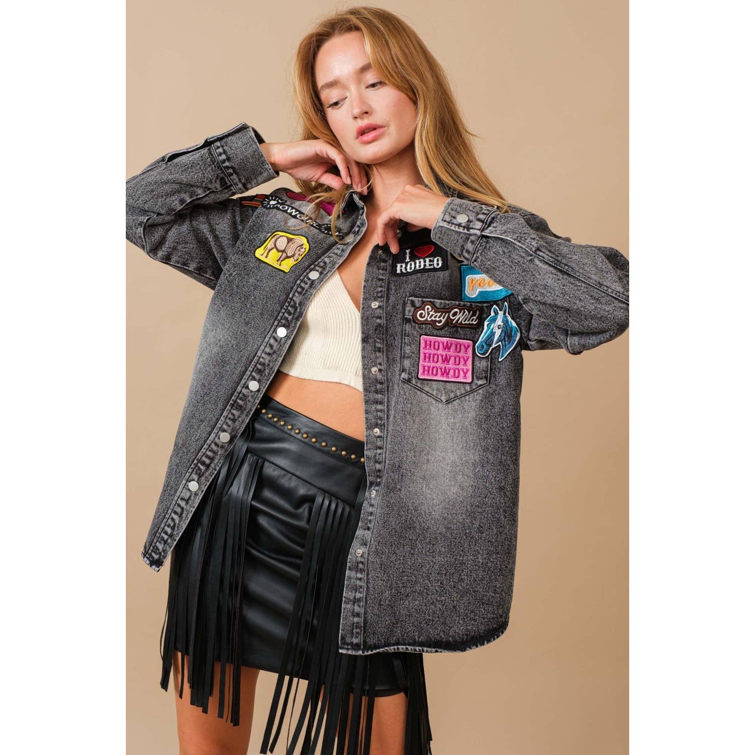 Apolline - Wholesale Denim Jacket - Women's - WASHED WESTERN PATCHWORK DENIM JACKET0