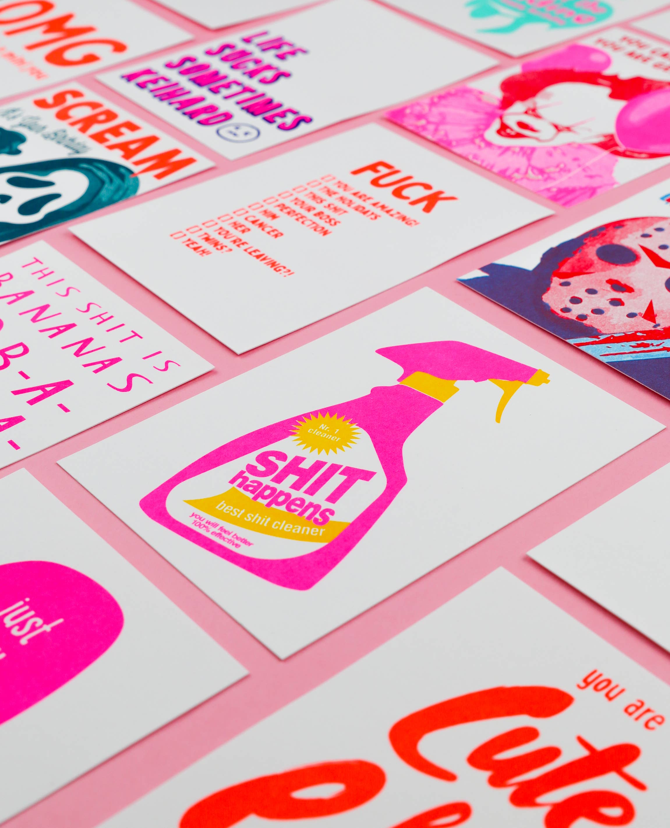 Studio Inktvis - Wholesale Encouragement Card - Shit Happens Cleaning spray bottle Risograph Postcard9