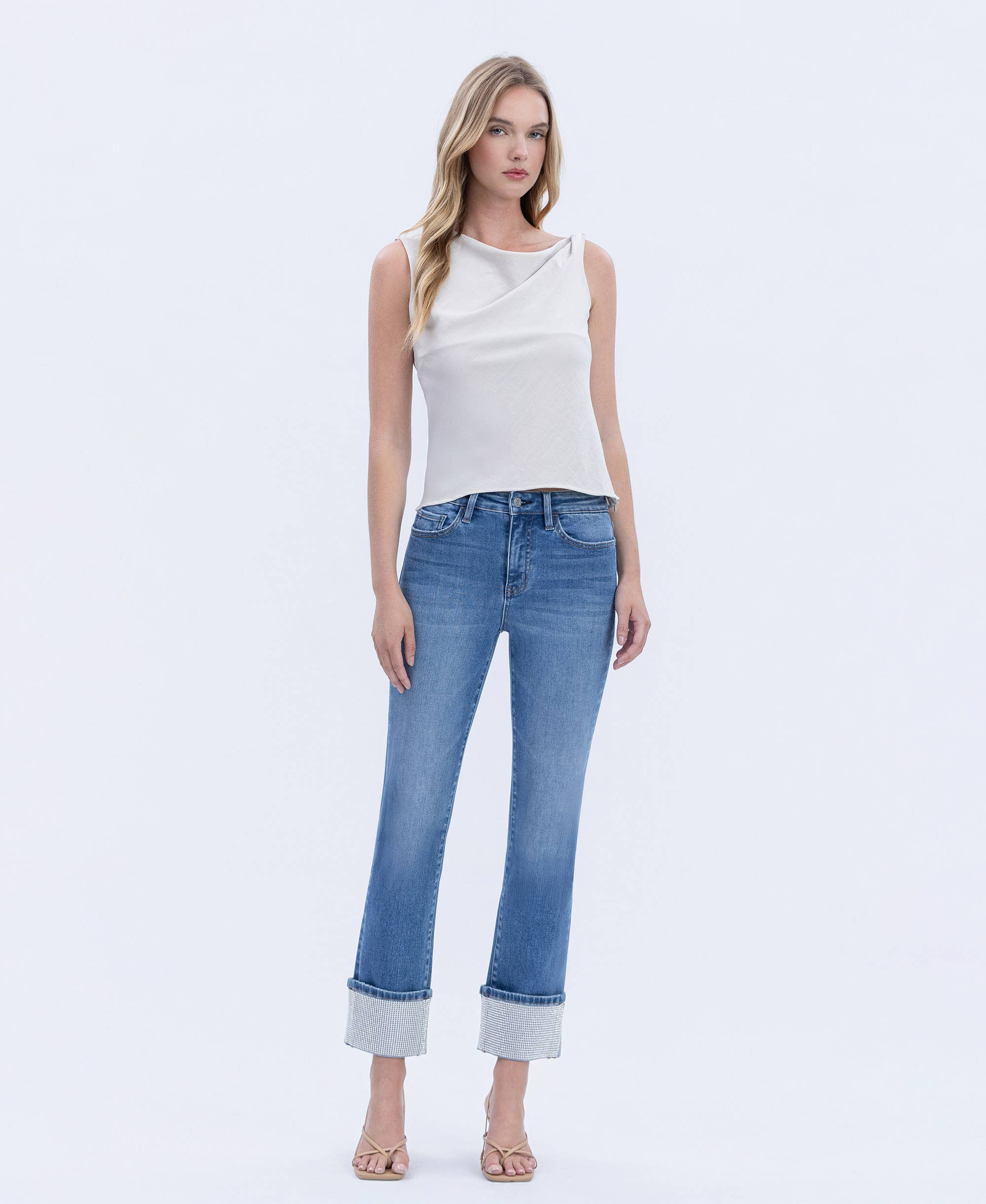 RADIANT DREAM HIGH RISE RHINESTONE CUFFED SLIM STRAIGHT JEANS T7004 for wholesale on Faire4