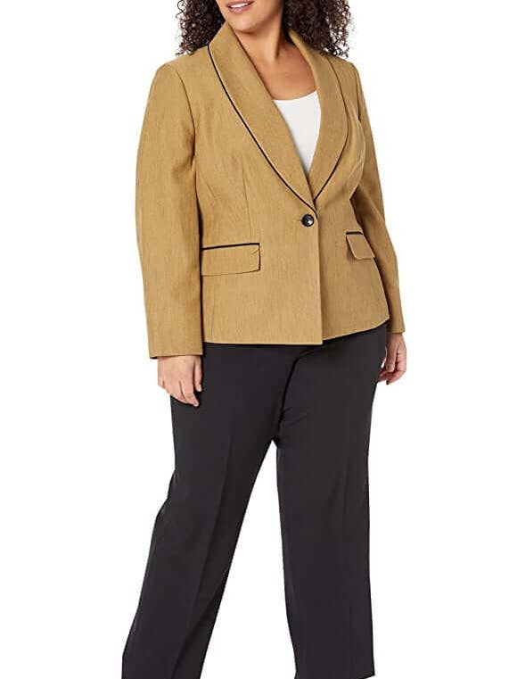 Le Suit V-Neck Long Sleeve Shawl Collar One Button Closure Mini Herringbone Jacket with Mid Waist Elastic Back Waist Solid Slim Pants (Plus Size) for wholesale by Immediate Apparel