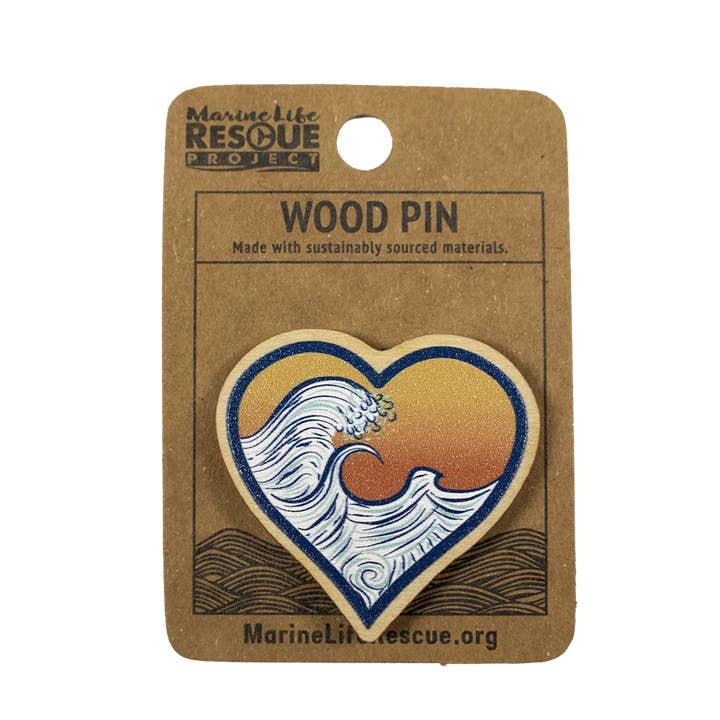 Wave Heart Wood Pin for wholesale by MARINE LIFE RESCUE PROJECT