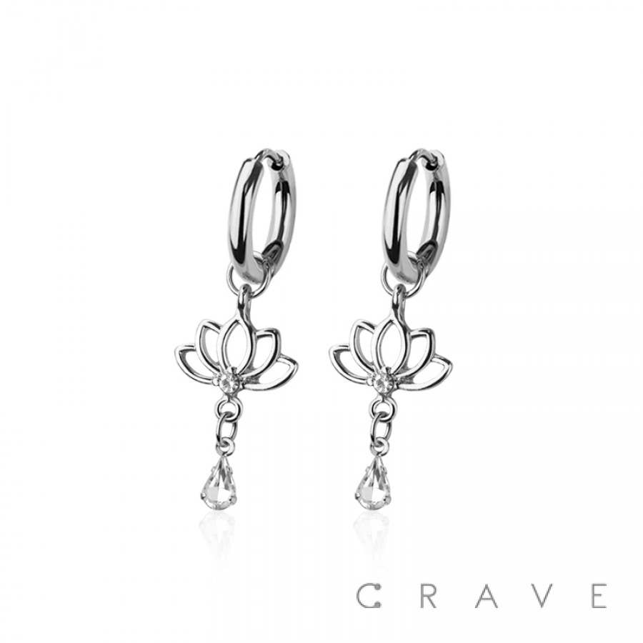 CRAVE - Wholesale Dangle Earrings - PAIR OF 316L STAINLESS STEEL HUGGIE/HOOP CENTER CZ LOTUS FLO3