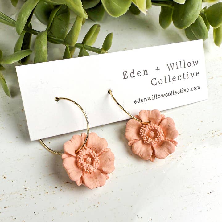 Eden + Willow Collective - Wholesale Hoop Earrings - Pink Poppy Hoop Polymer Clay Earring, Handmade Lightweight