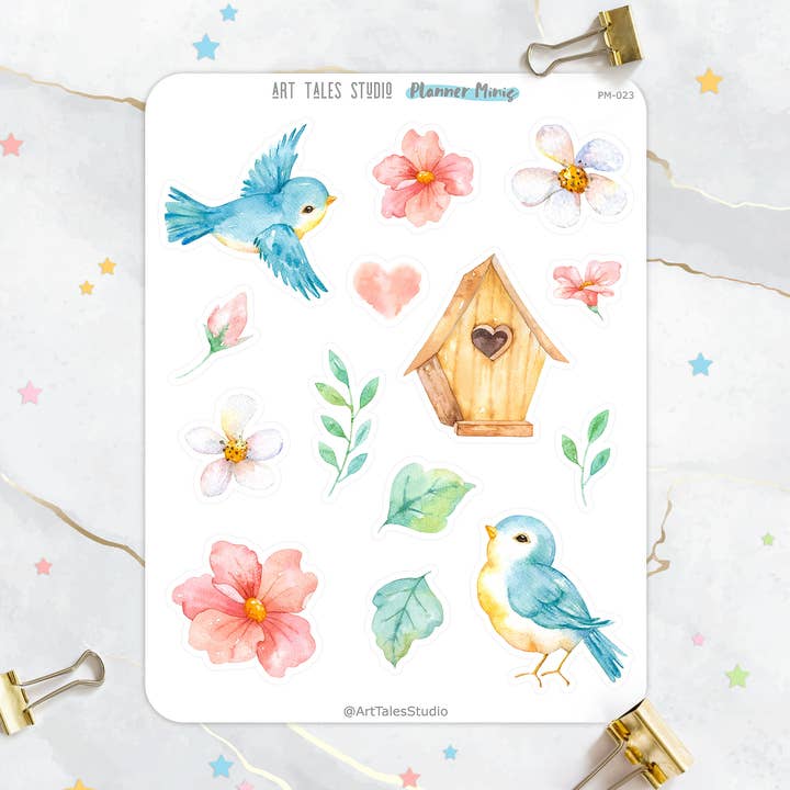 Hoja de pegatinas Love Birds, pegatinas planificador, álbum de recortes, papelería, bujo, pegatinas de diario, pegatinas de primavera, floral, aniversario, boda para venta al por mayor de Art Tales Studio