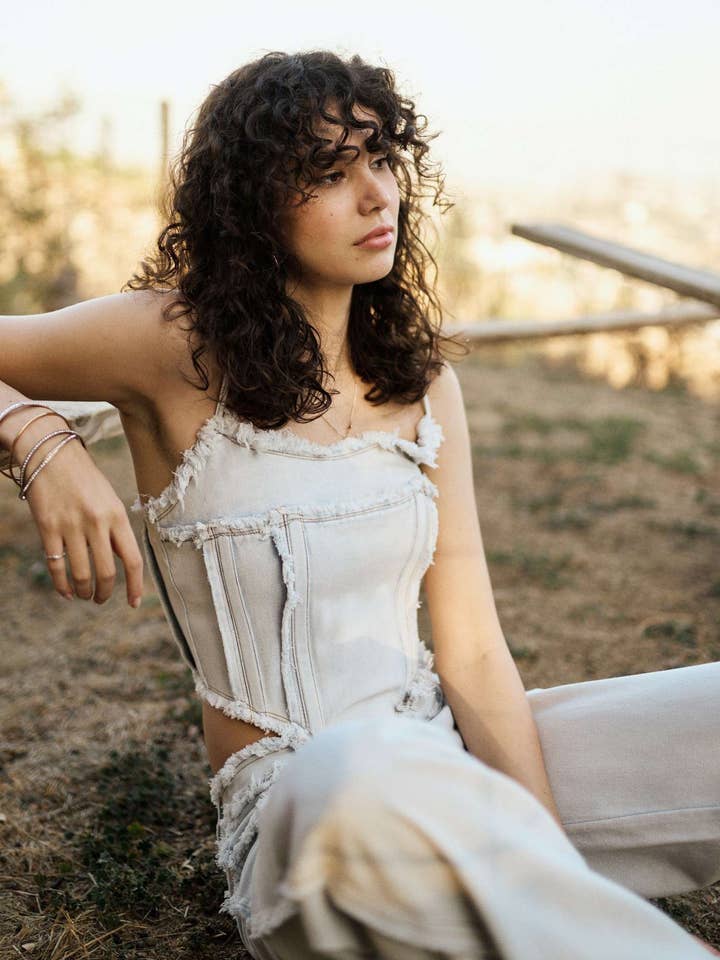 Raw Hem Spaghetti Strap Denim Cropped Tank Top for wholesale by Mello.