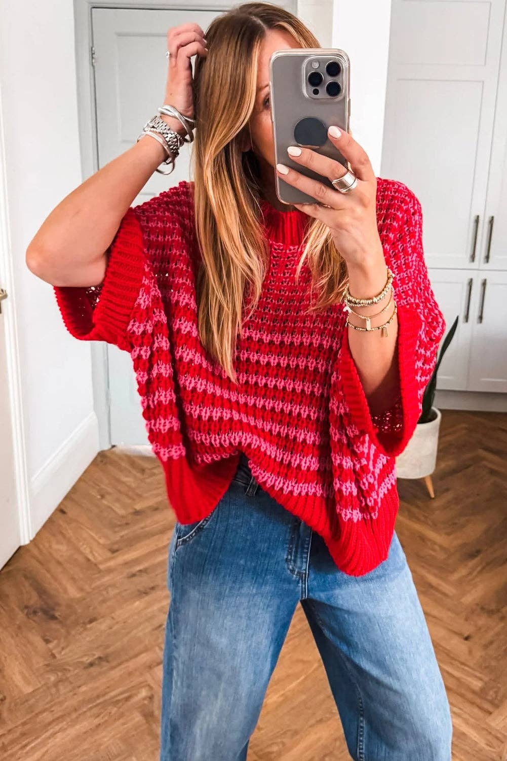 Suhkasana - Wholesale Knit Sweater - Women's - Red Striped Slouchy Knit Sweater with 3/4 Draped Sleeves1