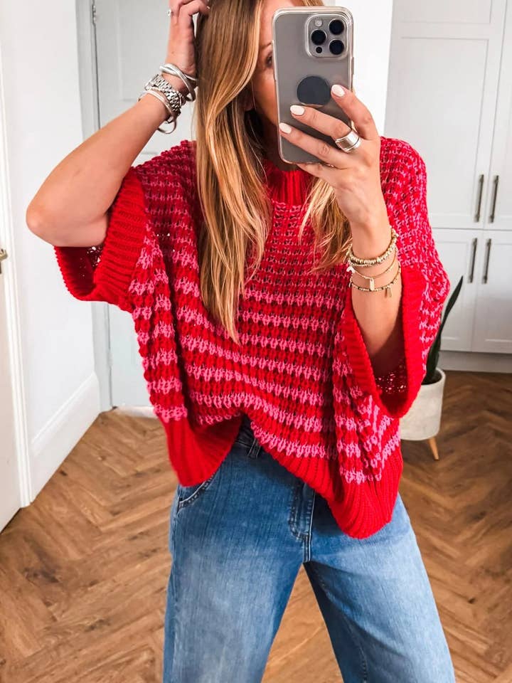 Suhkasana - Wholesale Knit Sweater - Women's - Red Striped Slouchy Knit Sweater with 3/4 Draped Sleeves1