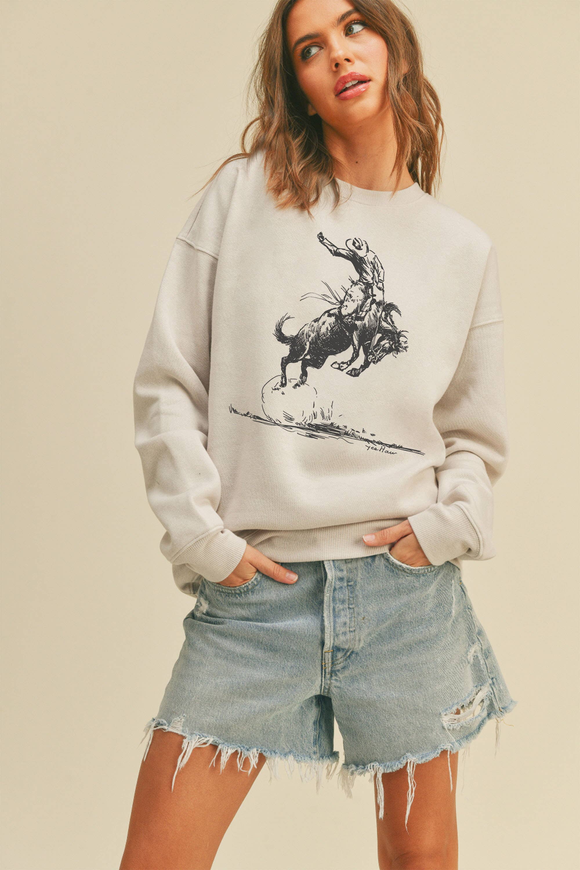 Honestee - Vente Sweat-shirt à imprimés – femme - Sweat-shirt à manches longues avec graphique de cowboy Yee Haw2