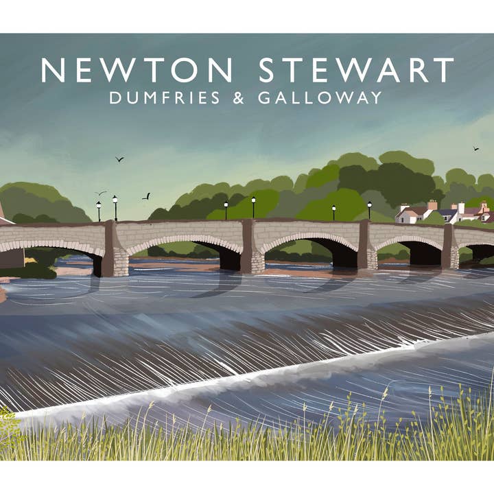 Newton Stewart, Wigtownshire, Travel Poster, Scottish Landscape, Wall Art, Made in Scotland, Quality Signed Giclee Print for wholesale by Galloway Arts